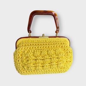 Vintage 1960s Yellow Crochet Purse With Brown Plastic Top Handle